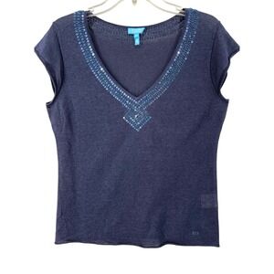 Escada Sport Knit Shirt Womens Sz M Silk Linen Sequin Embellished Navy Blue Tee‎